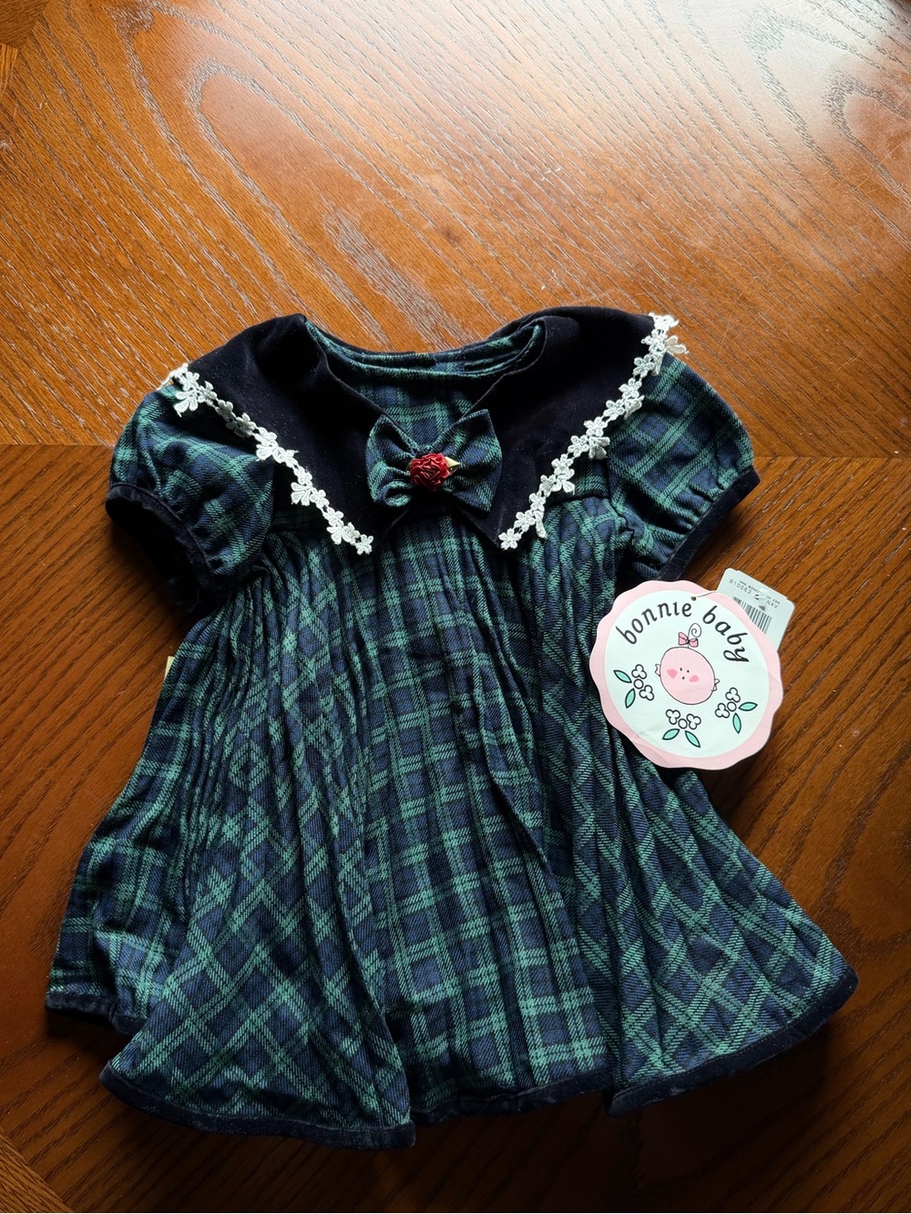 Vintage NWT Bonnie Baby Navy & Green Plaid Dress with Peter Pan Collar 12m